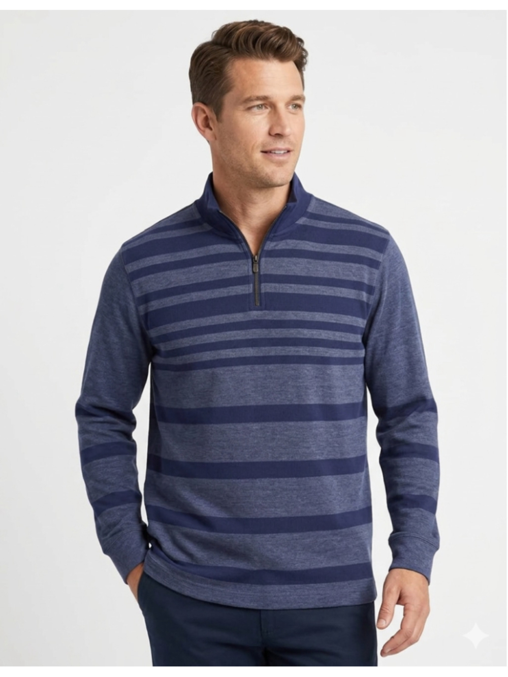Men's Navy Blue Striped Half-Zip Sweater 86% Cotton 347 stretch every day work